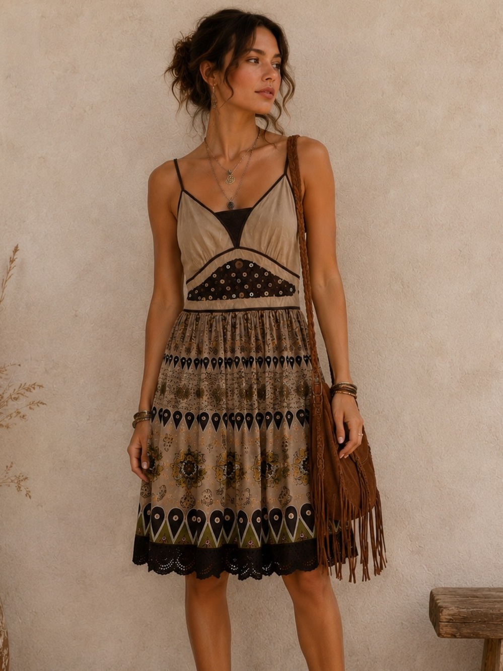 Sleeveless Boho Ibiza Style Midi Dress in Beige and Dark Brown by Aryeh